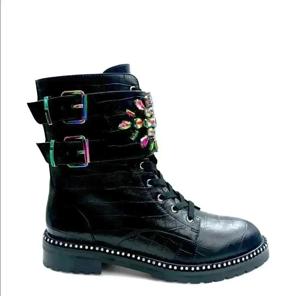 RARE NWT Kurt Geiger London Stoop Rainbow Crystal Oil Spill Leather Combat Boots